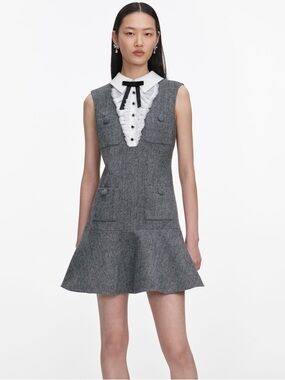 NWOT Self-Portrait GREY HERRINGBONE LACE BIB MINI DRESS